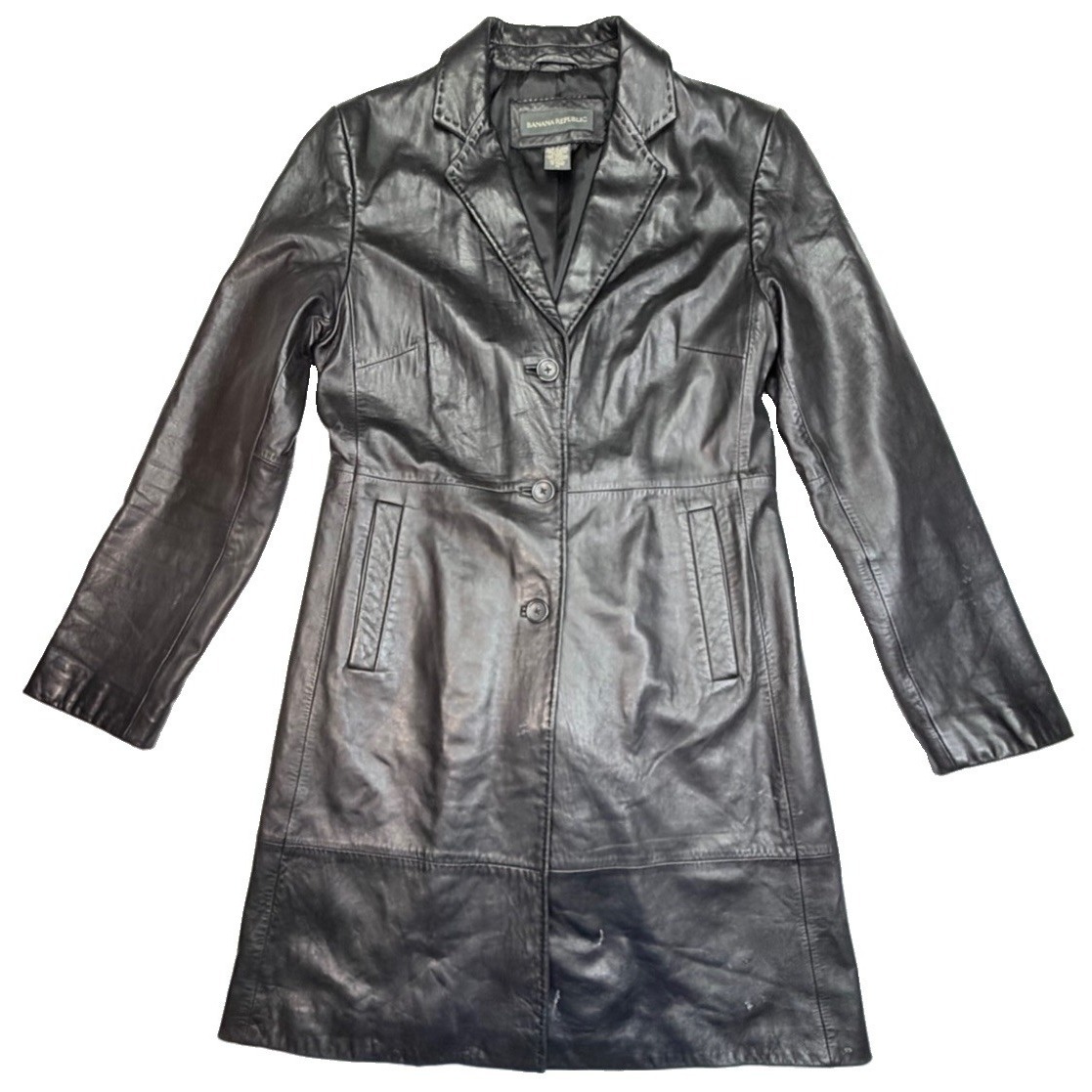 Banana Republic Black Leather 3/4 Length Coat Women's M Button Jacket